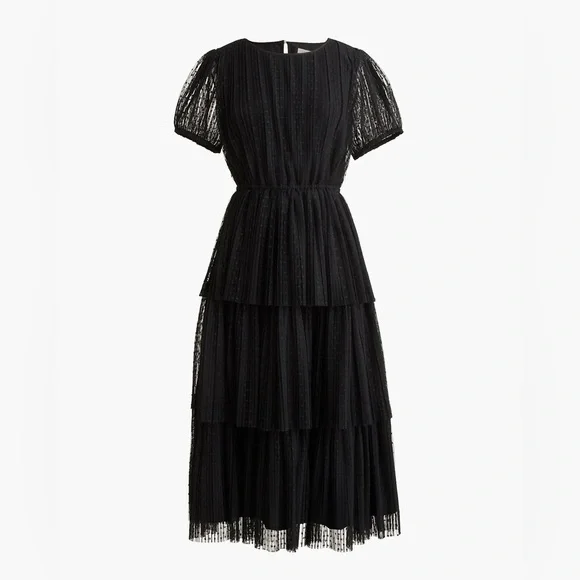 NWT J. CREW FACTORY Pleated flock-dot puff-sleeve dress black tulle Sold Out Sz2 - Picture 2 of 7